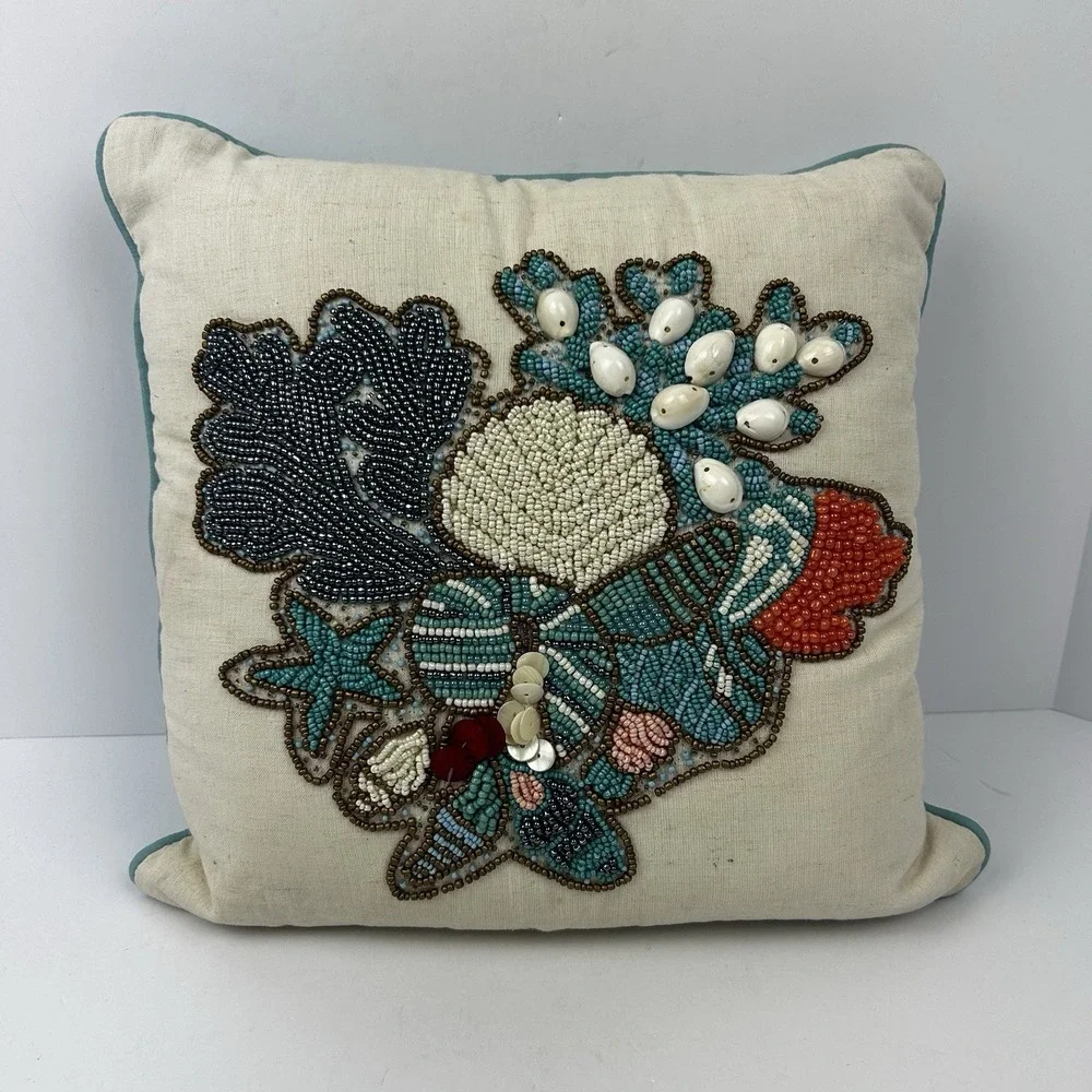 Pier 1 Imports Coastal Beaded Sea Shells Throw Cushion Pillow Decorative 14
